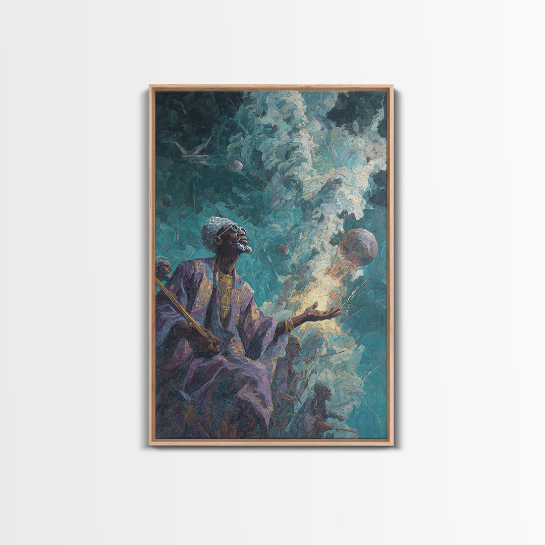 Mystic African Elder With Glowing Orb Canvas Print, Afrocentric Wall Decor, Spiritual Black Art, Ancestral Shaman Portrait