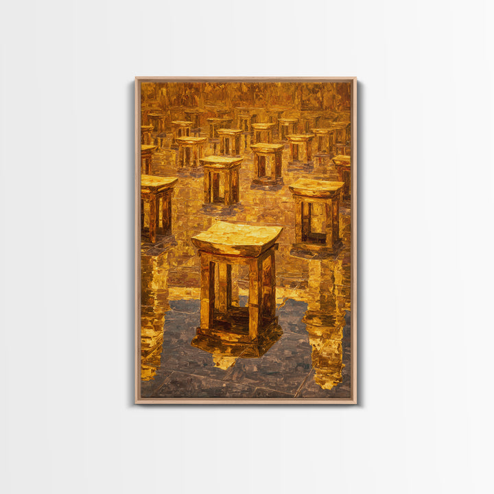 Golden Ancestral Stools In Reflective Hall Framed Canvas Print, African Decor, Cultural Wall Art, Warm Ochre Home Decor Gift