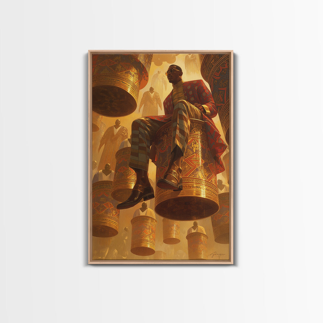 Afrofuturist Man Seated On Floating Drums Canvas Print, African Ankara Art, Regal Black Culture Wall Decor, Bold Gift For Him
