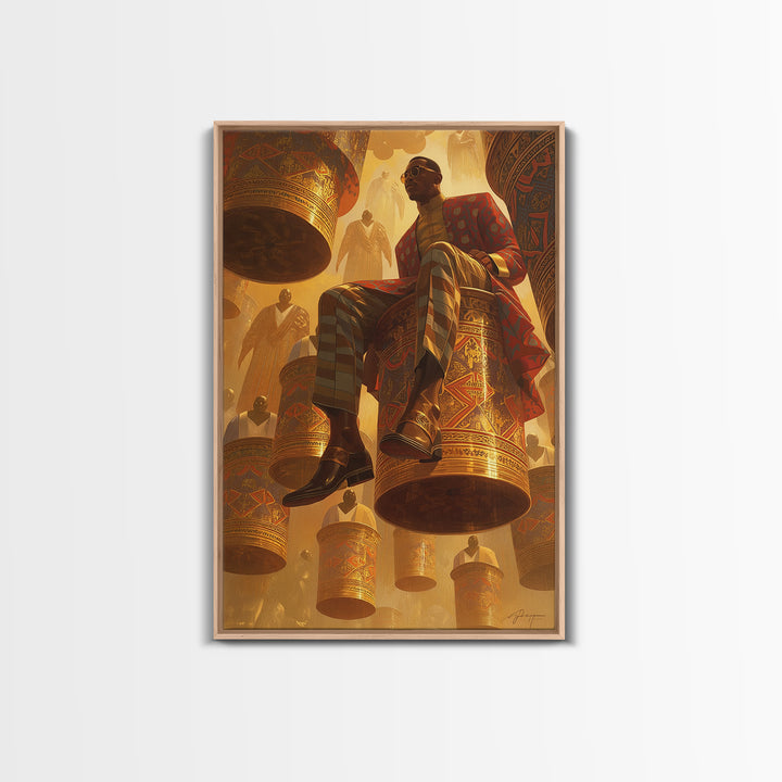 Afrofuturist Man Seated On Floating Drums Canvas Print, African Ankara Art, Regal Black Culture Wall Decor, Bold Gift For Him