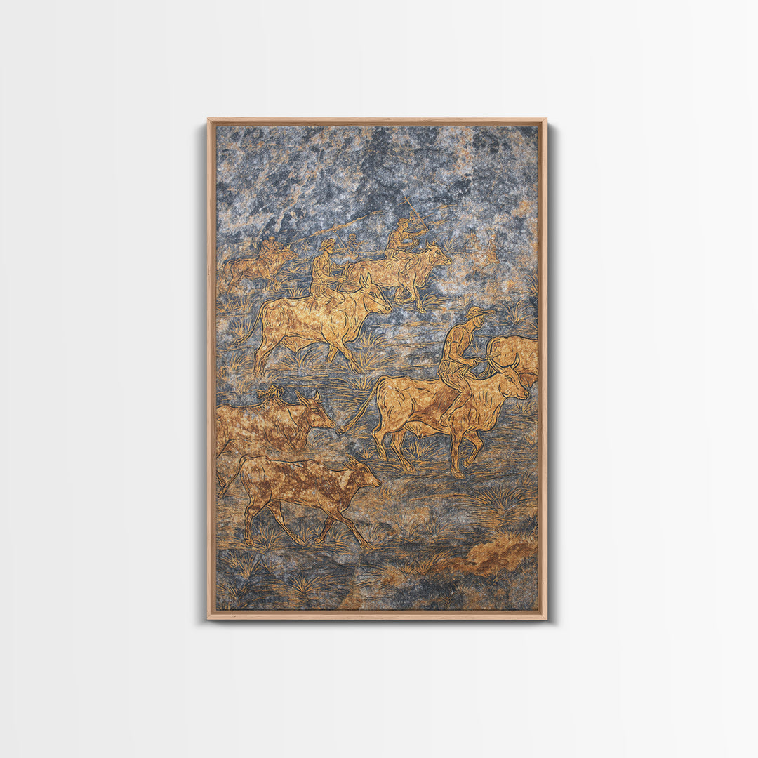 Golden Cattle Herders Etched On Blue Stone Wall Art, African Safari Art, Pastoral Tribal Canvas, Cultural Home Decor, Unique Gift