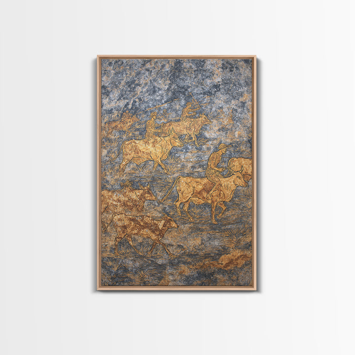 Golden Cattle Herders Etched On Blue Stone Wall Art, African Safari Art, Pastoral Tribal Canvas, Cultural Home Decor, Unique Gift