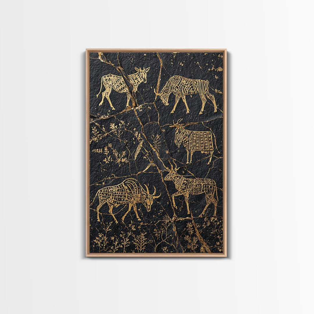 Black Gold Tribal Animal Petroglyph Canvas Print, African Safari Art, Antelope And Zebra Wall Decor, Ancient Rock Art Print