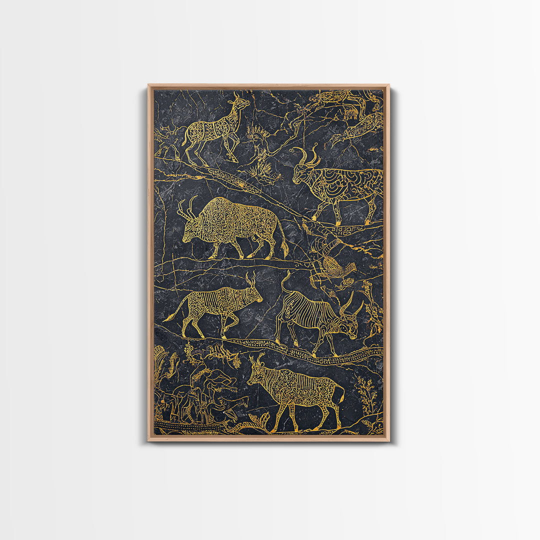 Gold Line Savanna Wildlife Migration Wall Art, African Animal Art, Tribal Antelope Canvas, Black Gold Safari Decor, Statement Gift