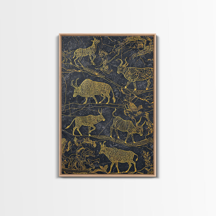 Gold Line Savanna Wildlife Migration Wall Art, African Animal Art, Tribal Antelope Canvas, Black Gold Safari Decor, Statement Gift