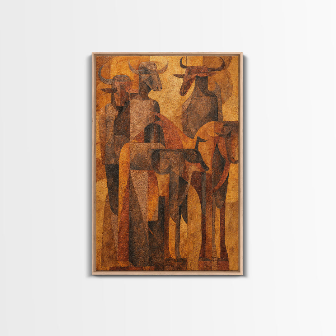 Cubist Cattle Spirits In Burnt Orange Canvas Print, African Abstract Art, Tribal Bull Wall Decor, Modern Gallery Gift For Home