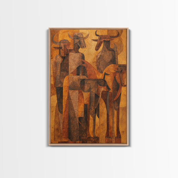 Cubist Cattle Spirits In Burnt Orange Canvas Print, African Abstract Art, Tribal Bull Wall Decor, Modern Gallery Gift For Home