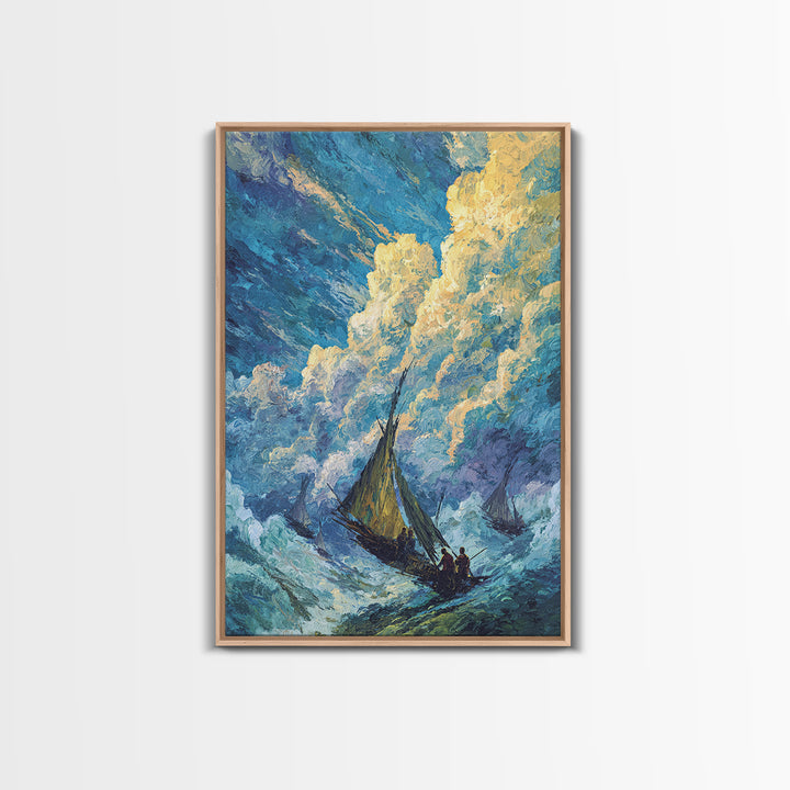 Stormy Sailboat Seascape Framed Canvas Print, Beach Art, Blue Ocean Wall Decor, Coastal Painting, Dramatic Living Room Art