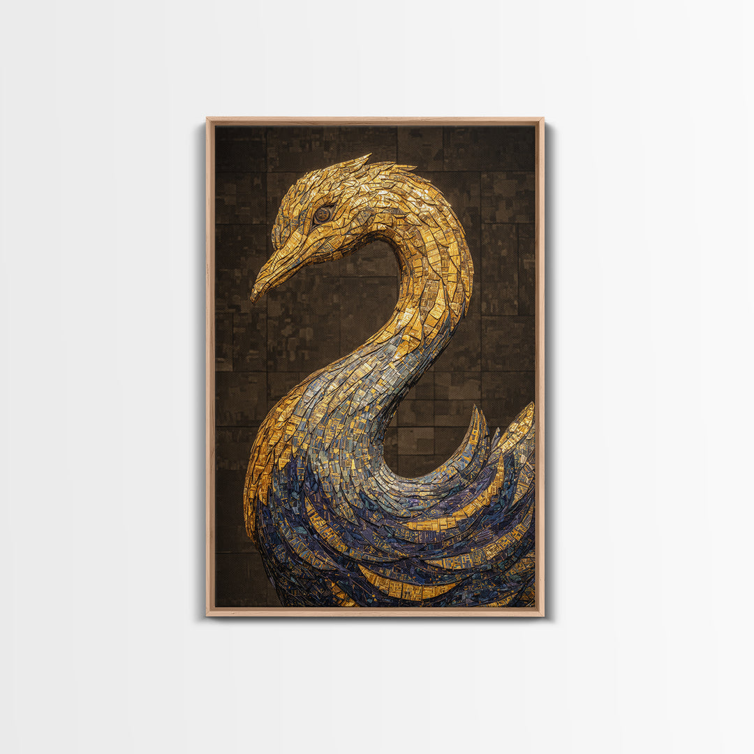 Blue Gold Mosaic Swan Framed Canvas Print, Black And Gold Art, Elegant Wall Decor, Contemporary Canvas, Statement Home Decor