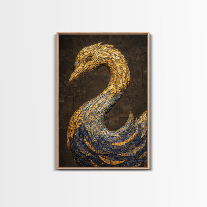 Blue Gold Mosaic Swan Framed Canvas Print, Black And Gold Art, Elegant Wall Decor, Contemporary Canvas, Statement Home Decor