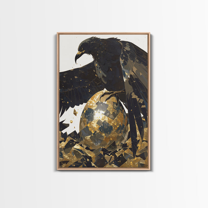 Black Eagle Golden Egg Canvas Print, Black And Gold Art, Animal Wall Decor, Bold Bird Artwork, Contemporary Living Room Art