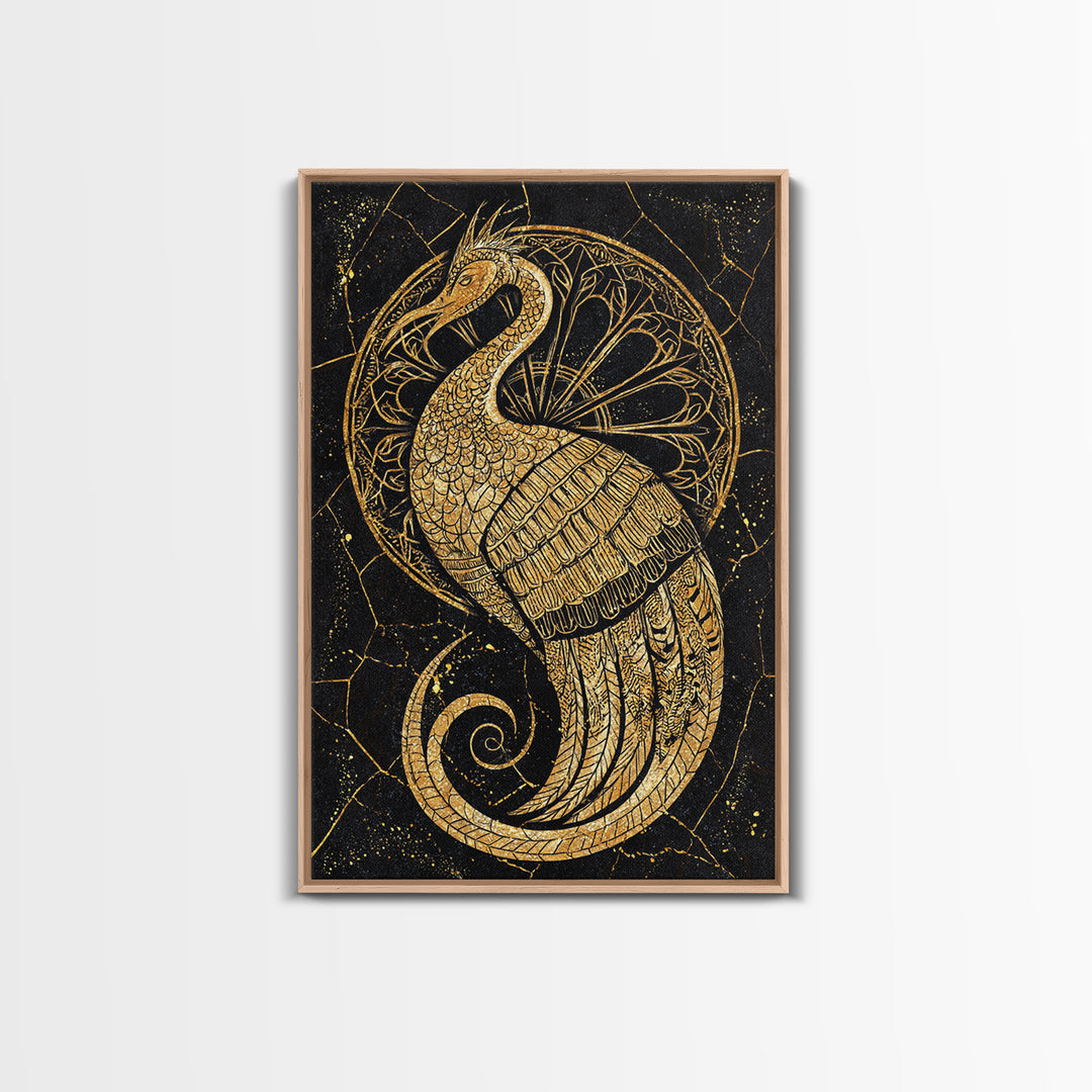 Ornate Golden Peacock Wall Art, Black And Gold Art, African Inspired Wall Decor, Mystical Animal Art, Luxury Canvas Print Gift