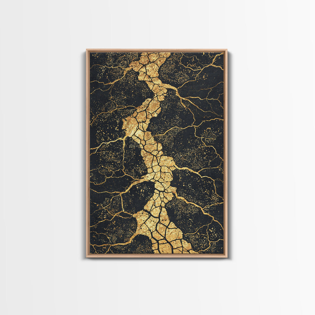 Gold Vein Crackle Abstract Canvas Print, Black And Gold Wall Art, Modern African Inspired Decor, Textured Art Print, Gift