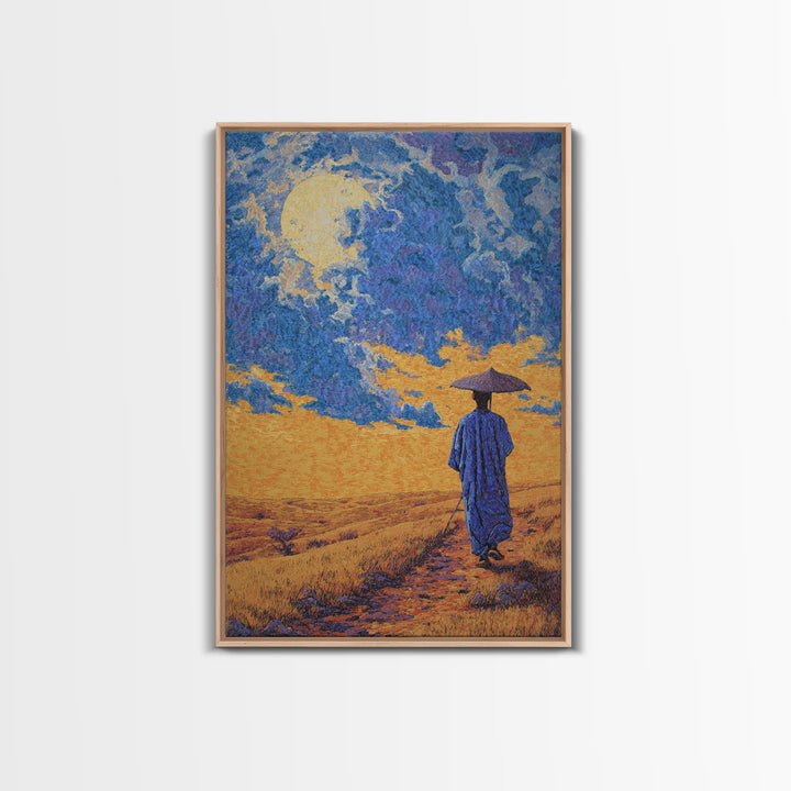 Blue Robed Traveler Under Moon Canvas Print, African Landscape Wall Art, Dreamy Wall Art, Cultural Home Decor, Gift For Him
