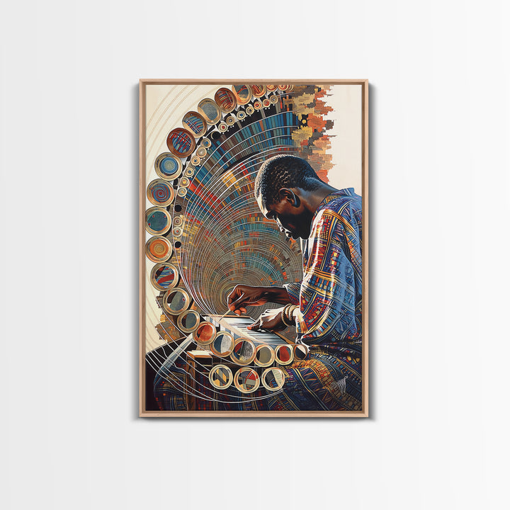 African Artist Weaving Geometric Circle Patterns Canvas Print, Modern African Art, Cultural Wall Decor, Creative Studio Gift