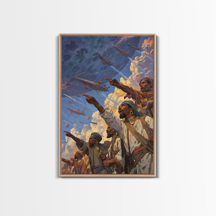 Afrofuturist Warriors Pointing At Sky Ships Wall Art, African Warrior Art, Modern African Art Print, Bold Cultural Decor