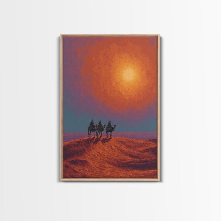 Camel Caravan Crossing Red Desert Dunes Wall Art, African Safari Art Print, Burnt Orange Art, Dreamy Landscape Decor, Gift