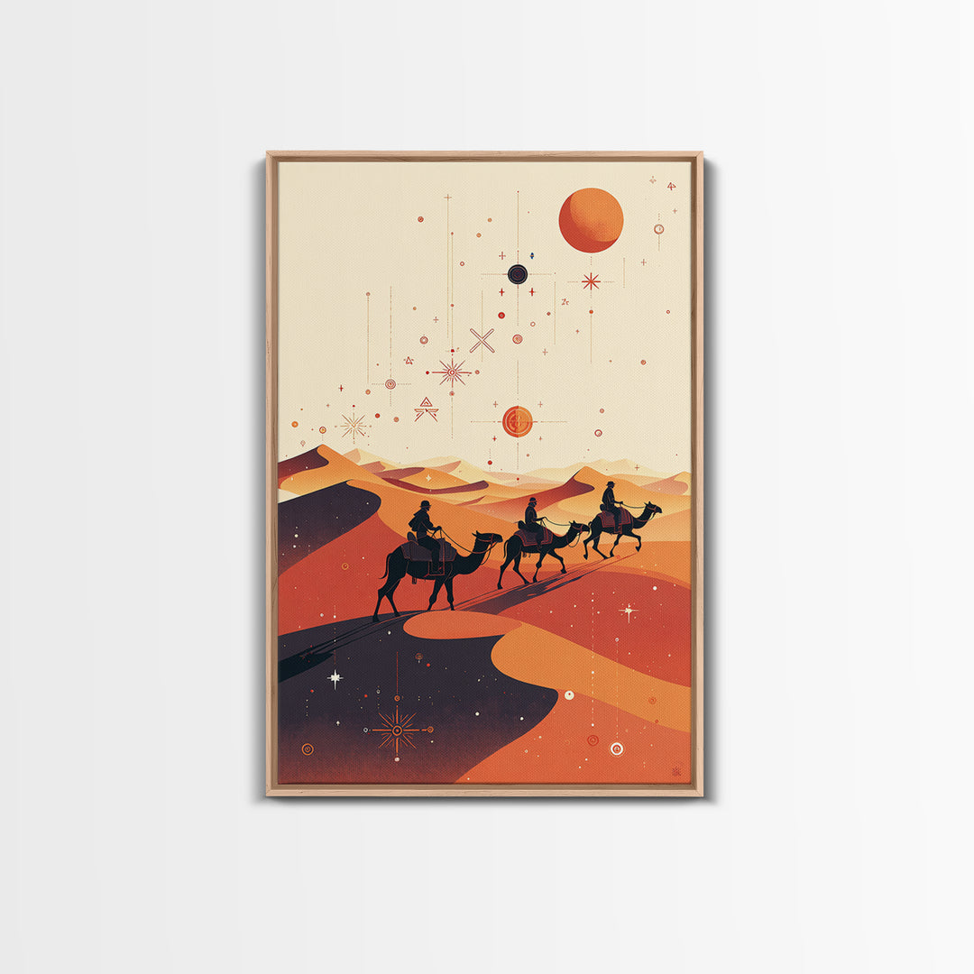 Desert Camel Caravan With Planets Canvas Print, African Travel Art, Boho Wall Decor, Orange Dunes, Celestial Safari Gift