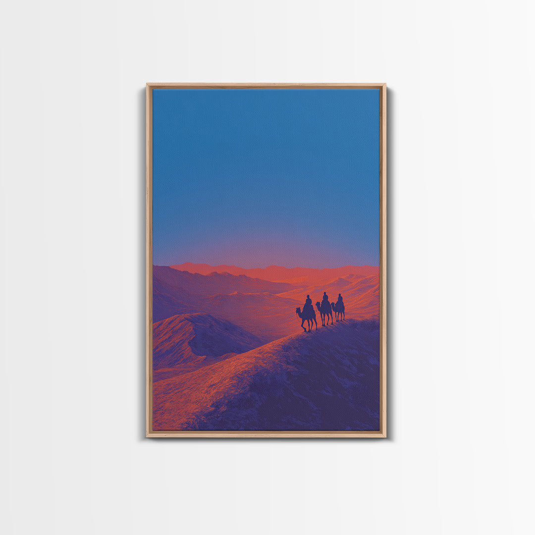 Camel Riders On Blue Desert Ridge Wall Art, African Landscape Print, Modern Safari Art, Sunset Mountain Unique Home Decor Gift
