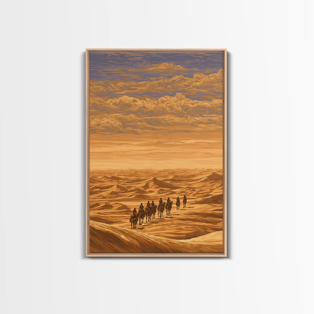 Golden Desert Caravan Across Dunes Canvas Print, African Safari Art, Sahara Landscape, Boho Wall Decor, Living Room Decor