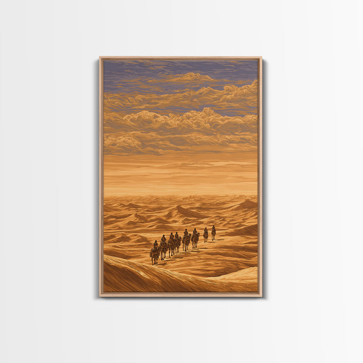 Golden Desert Caravan Across Dunes Canvas Print, African Safari Art, Sahara Landscape, Boho Wall Decor, Living Room Decor