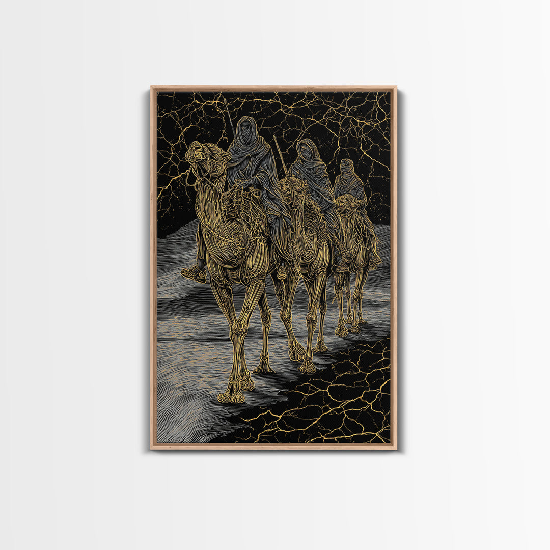 Gold Line Camel Riders On Black Desert Wall Art, African Travel, Tribal Decor, Sahara Poster, Bold Boho Home Decor, Statement Piece