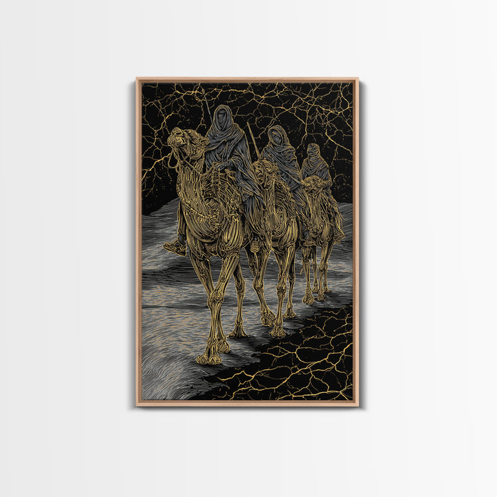 Gold Line Camel Riders On Black Desert Wall Art, African Travel, Tribal Decor, Sahara Poster, Bold Boho Home Decor, Statement Piece