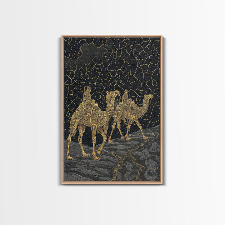 Ornate Golden Camel Caravan Under Stars Framed Canvas Print, African Wall Art, Sahara Travel Poster, Ethnic Home Decor Gift