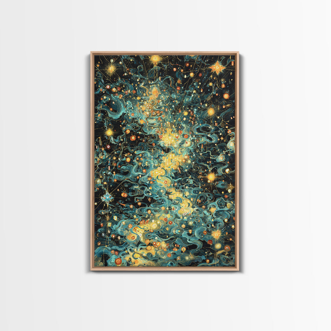 Glowing Celestial Swirls With Stars Canvas Print, Abstract Art, Teal And Gold Wall Decor, Dreamy Modern Home Decor, Gift For Her