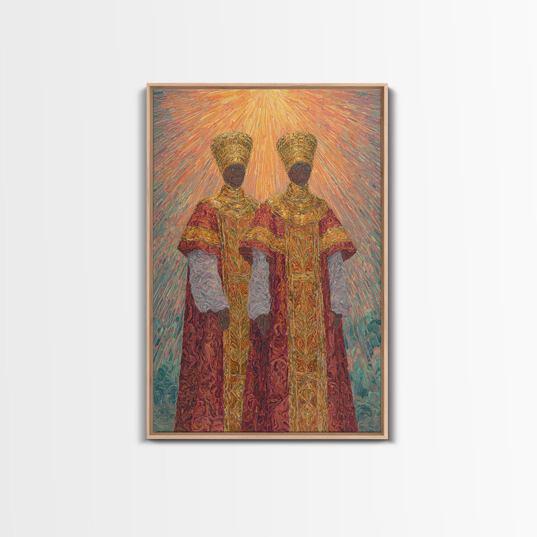 Two Radiant African Queens Canvas Print, Red Gold Royal Portrait, Afrocentric Wall Decor, African Women Art, Gift For Her