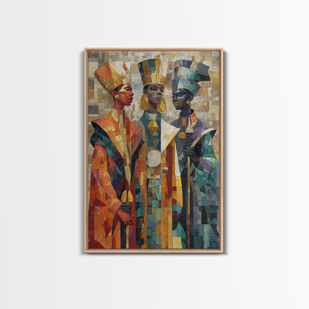 Three Regal African Figures Framed Canvas Print, Cubist Mosaic Portrait, Tribal Queen Art, Cultural Wall Decor, Bold Home Decor