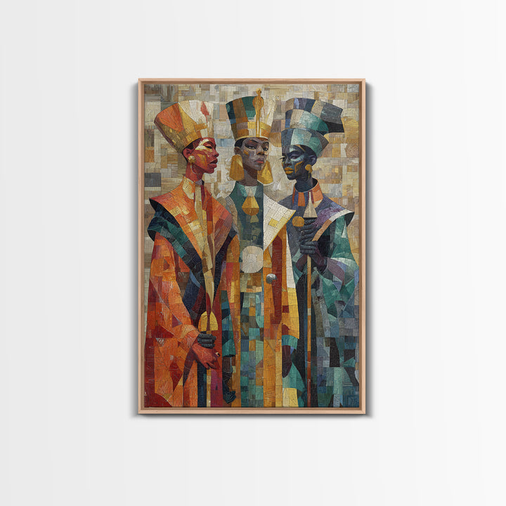 Three Regal African Figures Framed Canvas Print, Cubist Mosaic Portrait, Tribal Queen Art, Cultural Wall Decor, Bold Home Decor