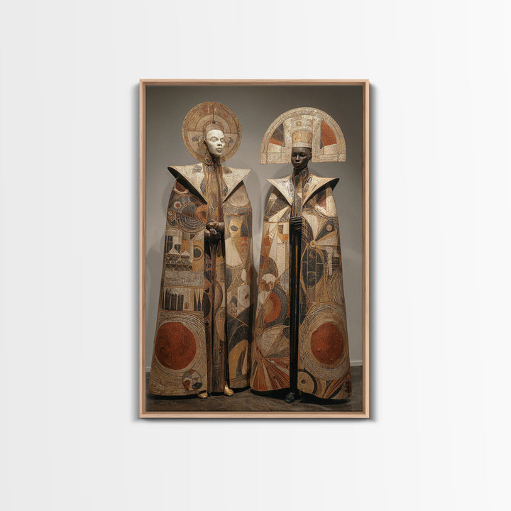 Earth Tone African Royal Figures Framed Canvas Print, Tribal Ceremony Portrait, African Art Decor, Cultural Home Decor Gift