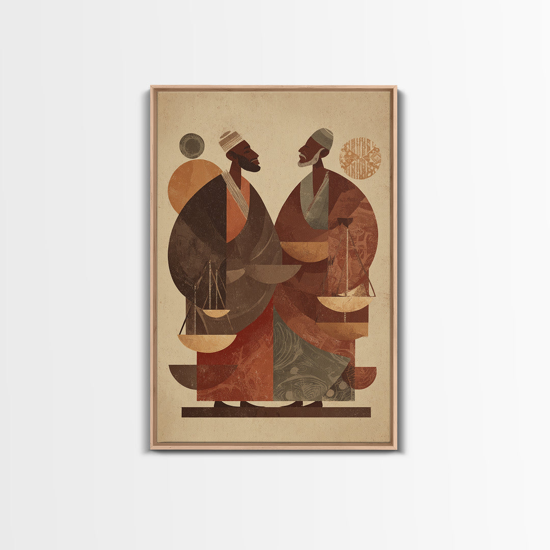 Two African Men With Balance Scales Framed Canvas Print, African Wall Art, Cultural Art Print, Afrocentric Home Decor Gift