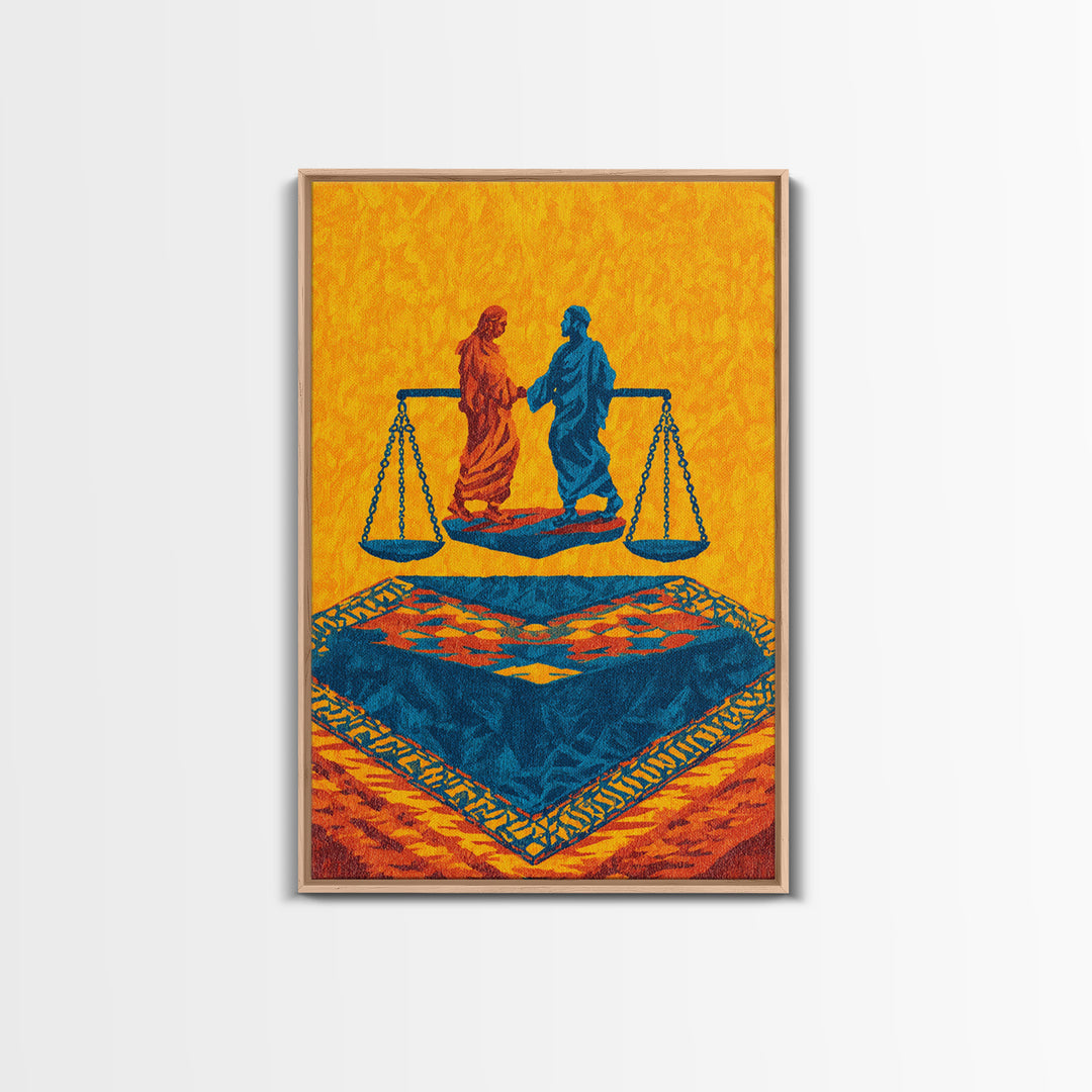 Balanced Figures On Blue Rug Wall Art, African Inspired Justice Painting, Cultural Wall Decor, Bold Afrocentric Canvas Print