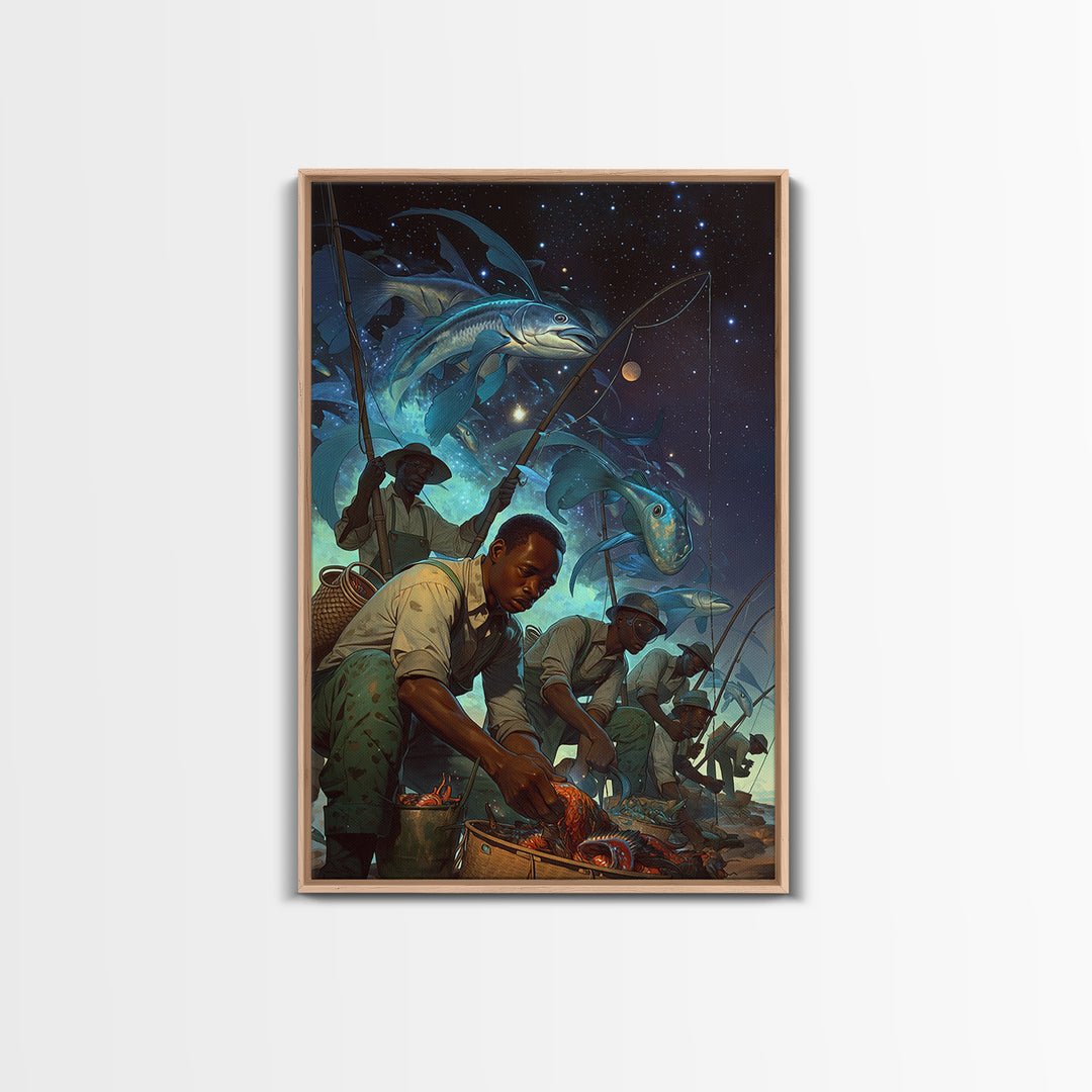 Cosmic Fishermen Under Giant Flying Fish Wall Art, African Safari Art Print, Black Men Portrait, Fantasy Coastal Decor Gift