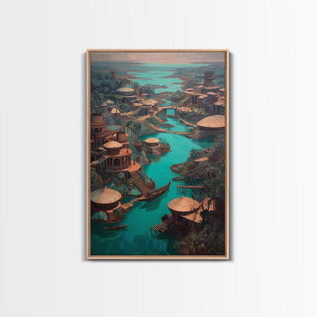 Turquoise River Village With Round Huts Wall Art, African Landscape Canvas Print, Jungle African Decor, Unique Living Room Art