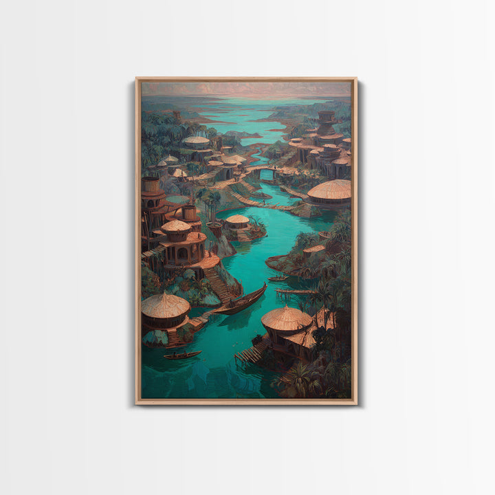 Turquoise River Village With Round Huts Wall Art, African Landscape Canvas Print, Jungle African Decor, Unique Living Room Art