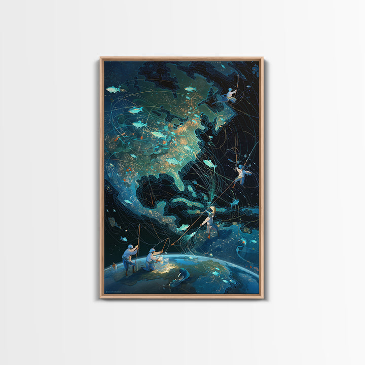 Glowing North America Fishing Map Wall Art, Whimsical Ocean Canvas Print, Teal Adventure Decor For Office And Living Room
