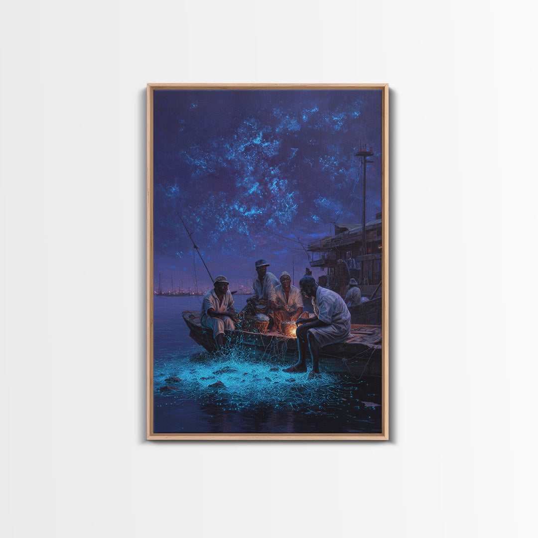 Night Fishermen With Glowing Nets Framed Canvas Print, Blue Coastal Wall Art, Contemporary Harbor Decor For Home Office Gift