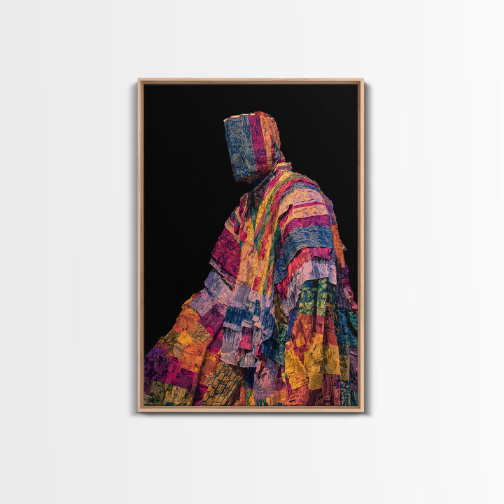 Masked African Textile Seated Figure Framed Canvas Print, Afrocentric Portrait, Vibrant Tribal Art, Cultural Wall Decor Gift