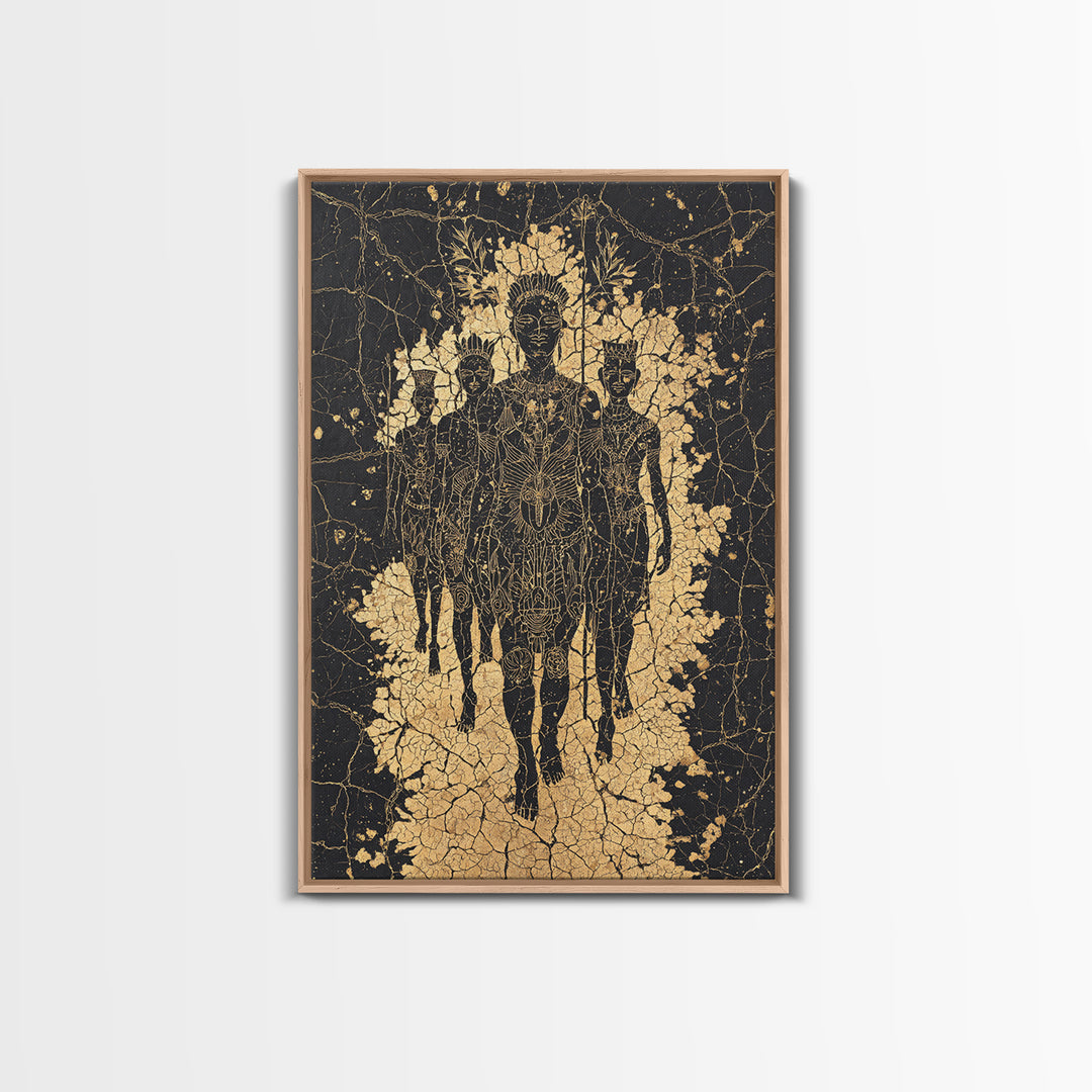 Golden Ancestral Silhouette Trio Wall Art, African Abstract Figures, Black Culture Art, Spiritual Afrocentric Decor Gift