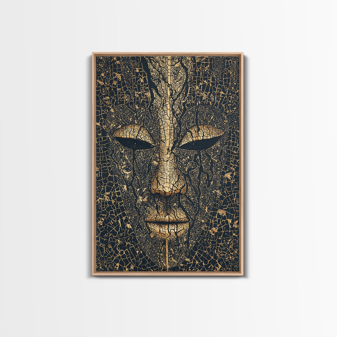 Cracked Gold African Mask Face Canvas Print, Abstract Tribal Portrait, Black And Gold Art, Afrocentric Wall Decor For Home