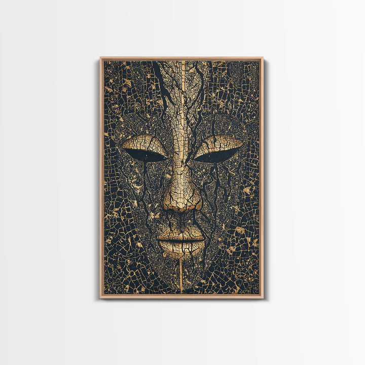 Cracked Gold African Mask Face Canvas Print, Abstract Tribal Portrait, Black And Gold Art, Afrocentric Wall Decor For Home