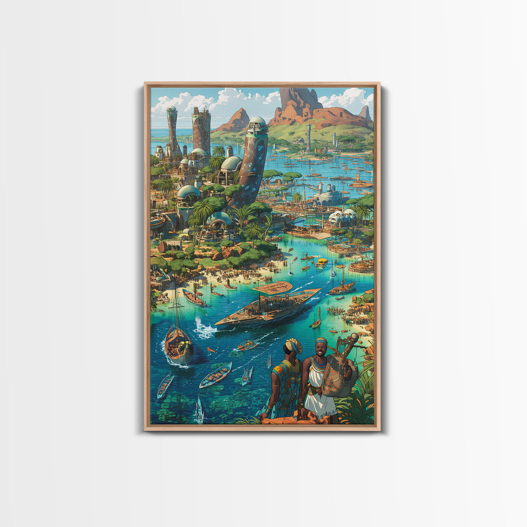 Afrofuturist Coastal African City With Boats Wall Art, African Art Prints, Afrocentric Decor, Vibrant Travel Poster, Living Room Decor