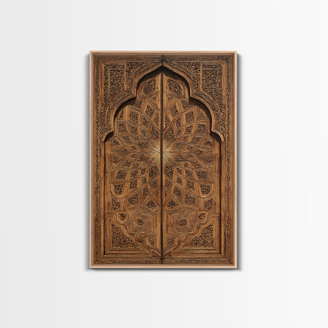 Geometric Moroccan Carved Wood Door Framed Canvas Print, African Wall Decor, Tribal Art Decor, Elegant Home Decor, Statement Piece