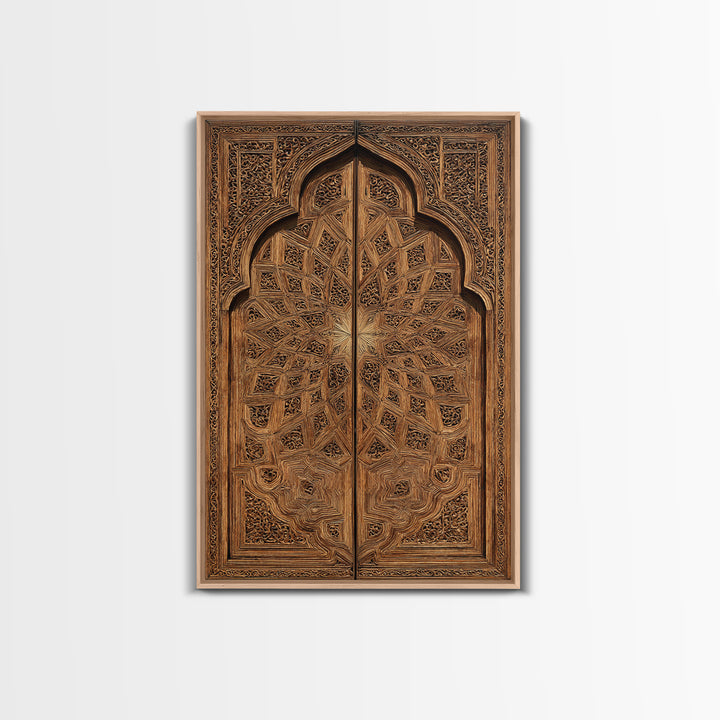 Geometric Moroccan Carved Wood Door Framed Canvas Print, African Wall Decor, Tribal Art Decor, Elegant Home Decor, Statement Piece