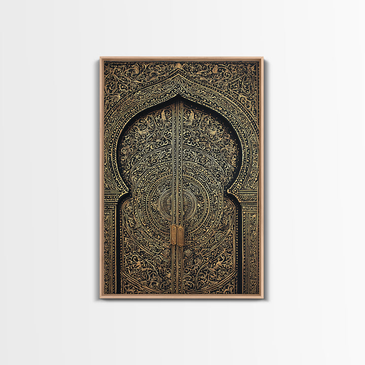 Black Gold Moroccan Mandala Door Framed Canvas Print, African Wall Decor, Luxury Canvas Art, Spiritual Home Decor, Statement Piece