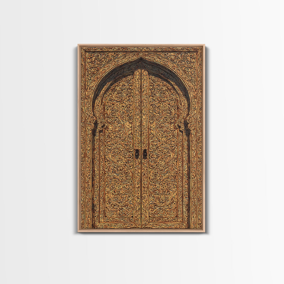 Golden Floral African Carved Door Canvas Print, African Art Decor, Elegant Home Decor, Bohemian Wall Decor, Wood Patterns