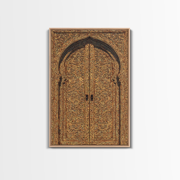 Golden Floral African Carved Door Canvas Print, African Art Decor, Elegant Home Decor, Bohemian Wall Decor, Wood Patterns